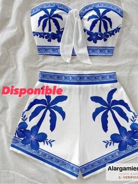 White and Blue Palm-Print Two-Piece Dress Set